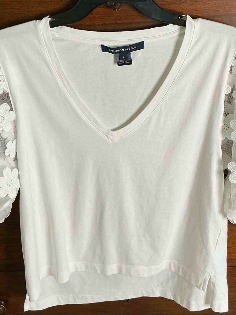 French Connection White V-Neck Tee with Floral Lace Sleeves